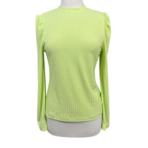 Ophelia Roe lime green ribbed puff shoulder long sleeve top size M NWT